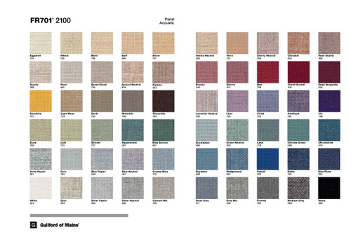 This beautifully designed fabric sample card is made using actual fabric swatches, and on the reverse, brilliantly displays all 60 color styles of the Guilford of Maine FR-701 fabric line..
FR-701 is one of the best when it comes to acoustical transparency. This fabric is also ASTM E84 (Fire Rated) Safe and approved for use in Homes, Schools, Theaters & Daycare Facilities. Performance Content 35% post-consumer recycled polyester 65% pre-consumer recycled polyester...