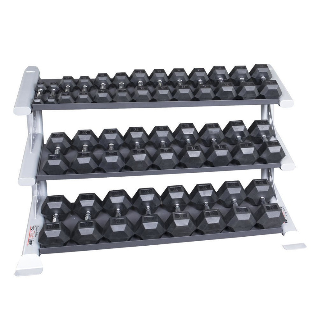 5 75 lb body solid rubber hex dumbbell set w rack gtech fitness