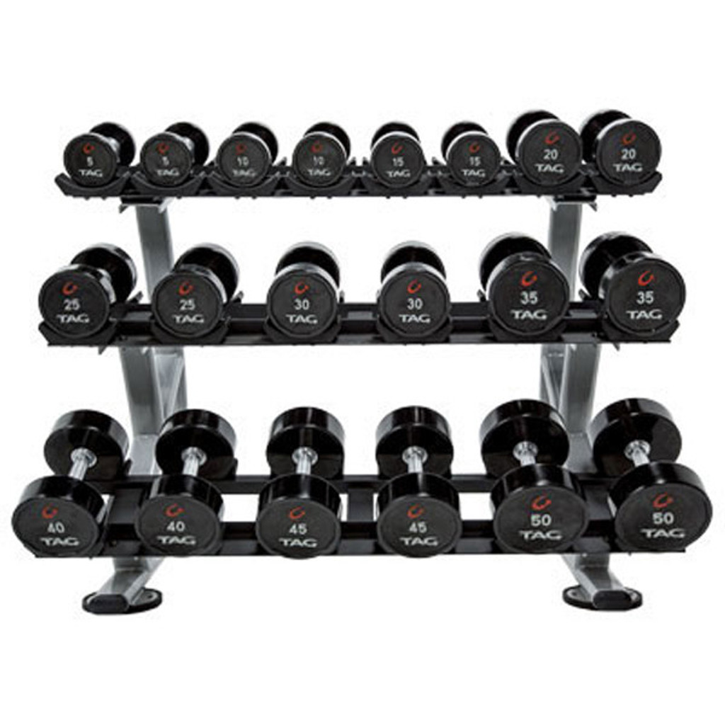 5 50 lb urethane dumbbell set w rack tag gtech fitness