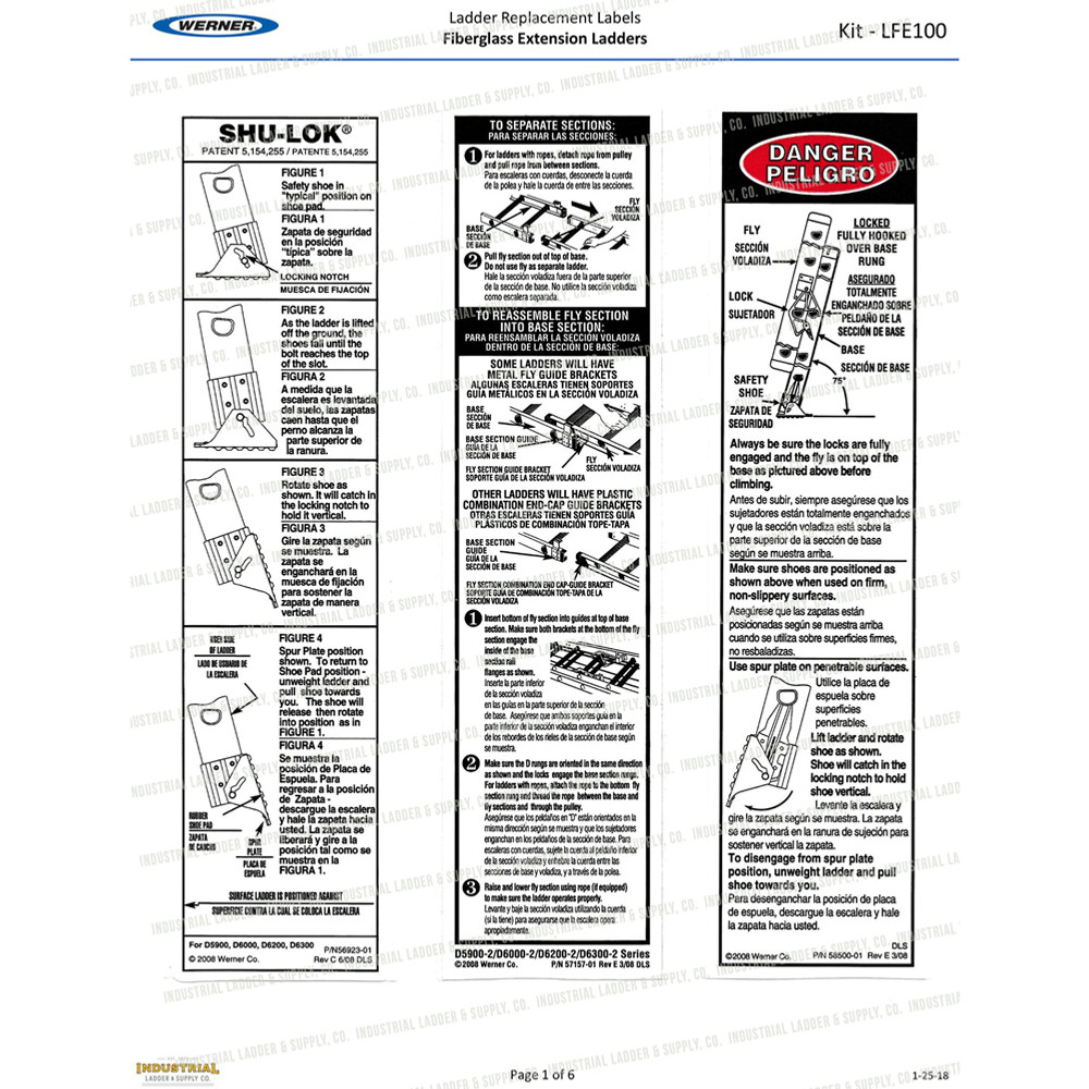 Werner LFE100 Safety Labels Fiberglass Extension Ladders Werner LFE100 Safety Labels Fiberglass Extension Ladders