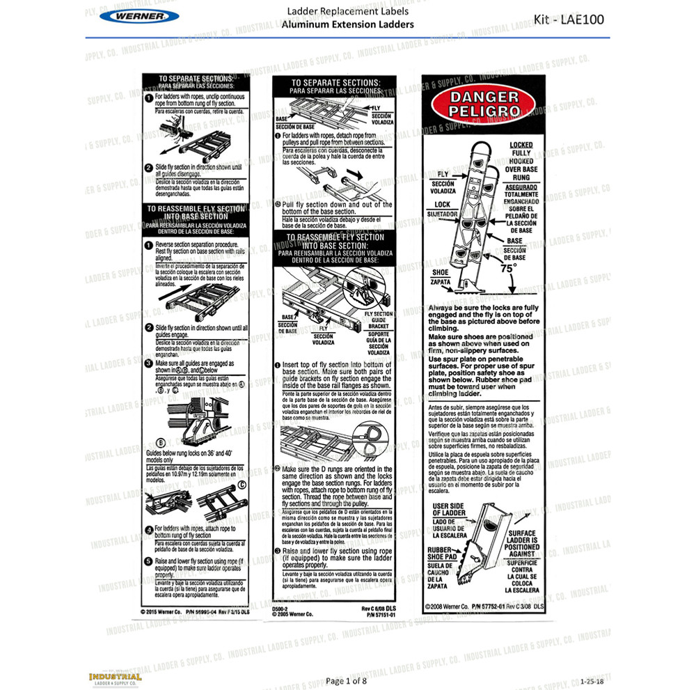 Werner LAE100 Safety Labels - Aluminum Extension Ladders Werner LAE100 Safety Labels - Aluminum Extension Ladders