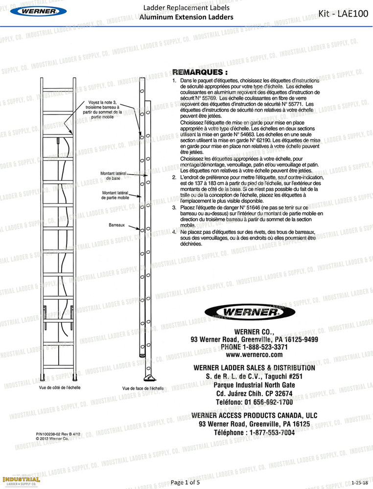 Werner LAE100 Safety Labels - Aluminum Extension Ladders - Industrial ...