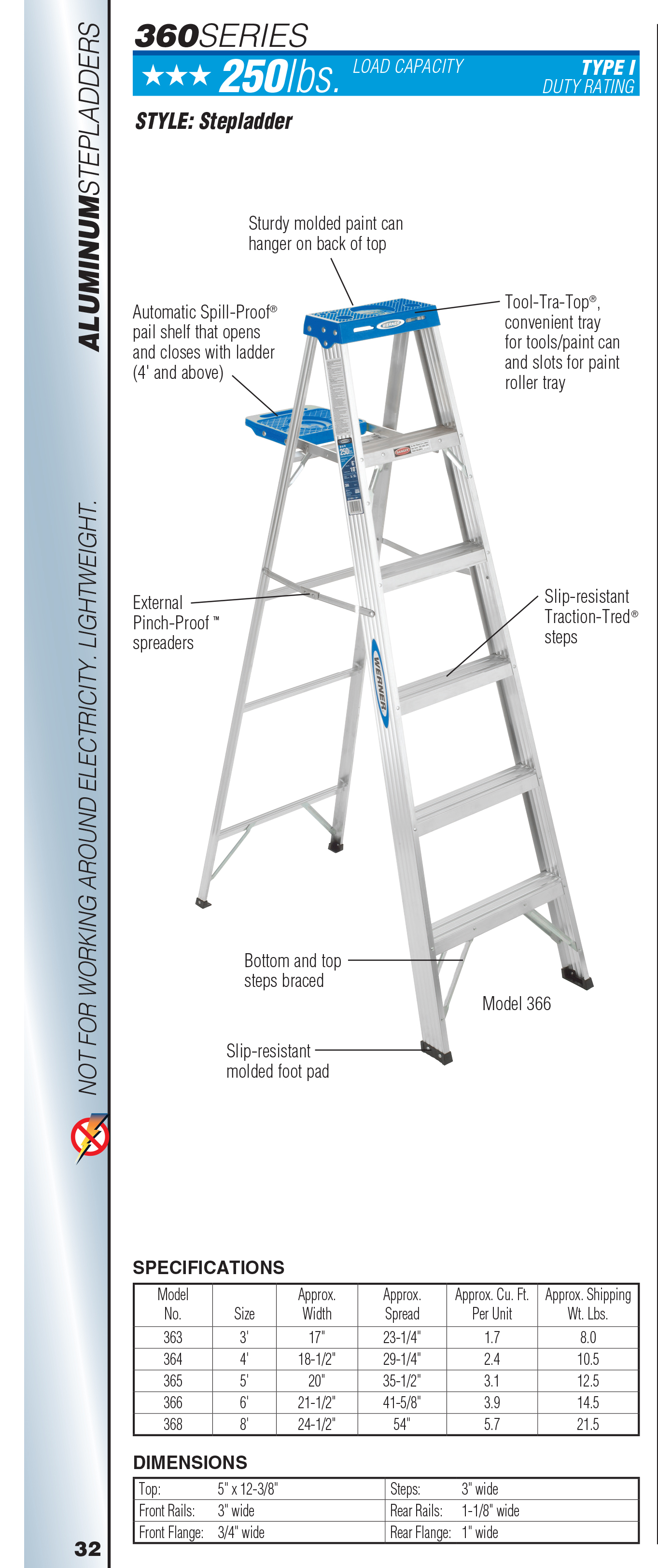 Werner 360 Series Aluminum Stepladders 250 lb Rated - Industrial Ladder ...