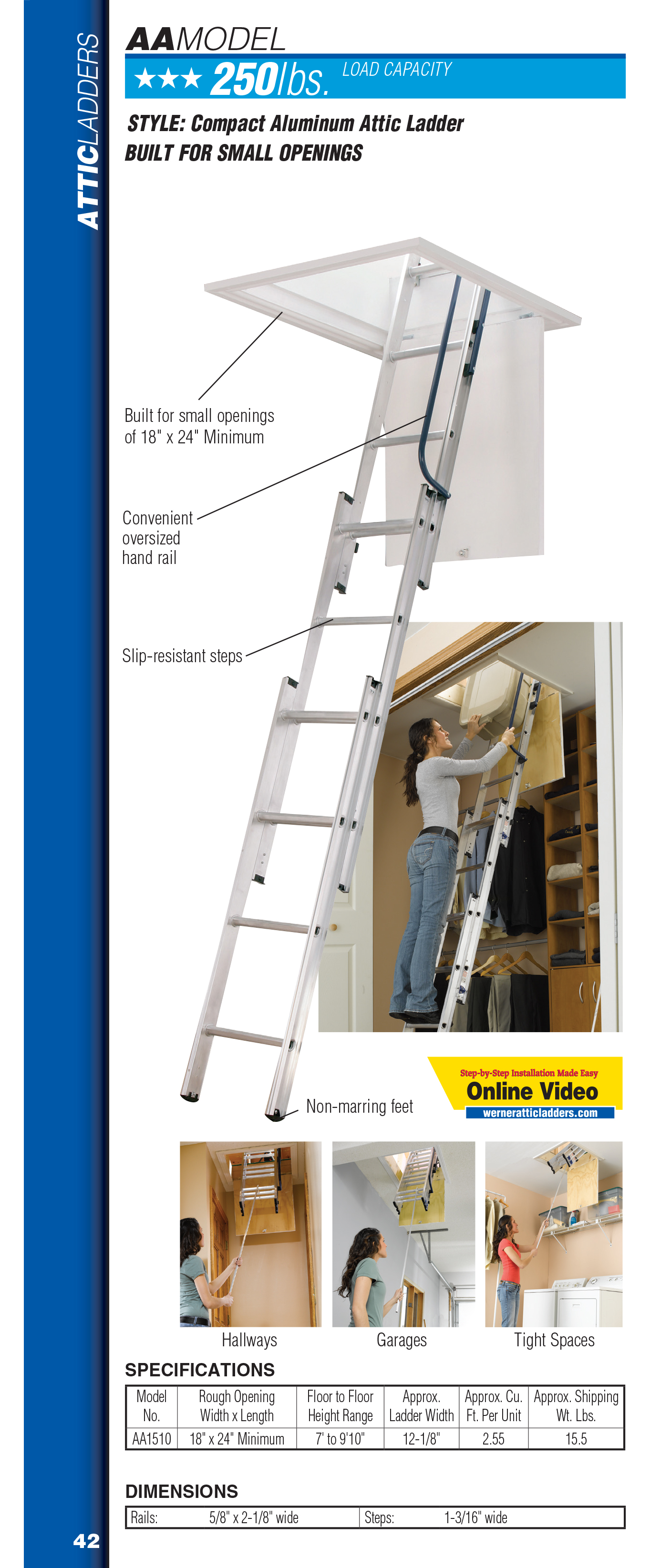 Werner AA1510B Aluminum Small Opening Attic Ladder 7' to 9'10" Ceiling Height 18" x 24