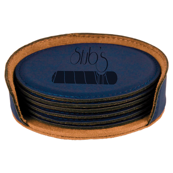 Blue Round Leatherette Coaster Set with Custom Laser Engraving Blue Round Leatherette Coaster Set with Custom Laser Engraving