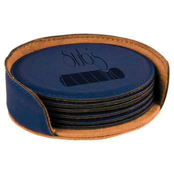 Blue Round Leatherette Coaster Set with Custom Laser Engraving Blue Round Leatherette Coaster Set with Custom Laser Engraving