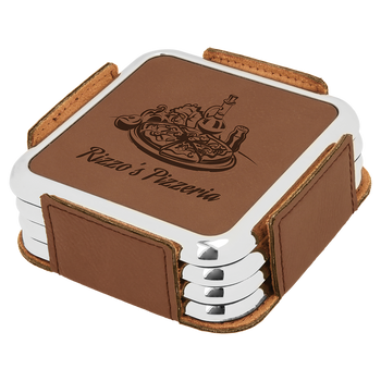 Dark Brown Coaster Set (Silver Border) with Custom Laser Engraving Dark Brown Coaster Set (Silver Border) with Custom Laser Engraving