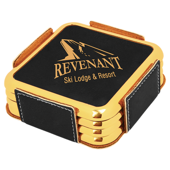 Black Coaster Set (Gold Border) with Custom Laser Engraving Black Coaster Set (Gold Border) with Custom Laser Engraving