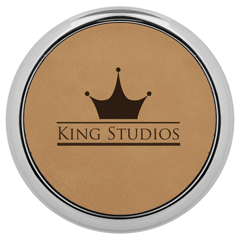 Light Brown Round Coaster (Silver Border) with Custom Laser Engraving Light Brown Round Coaster (Silver Border) with Custom Laser Engraving