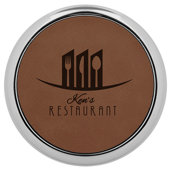 Dark Brown Round Coaster (Silver Border) with Custom Laser Engraving Dark Brown Round Coaster (Silver Border) with Custom Laser Engraving