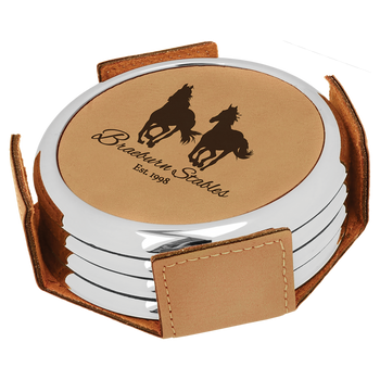 Light Brown Round Coaster Set (Silver Border) with Custom Laser Engraving Light Brown Round Coaster Set (Silver Border) with Custom Laser Engraving
