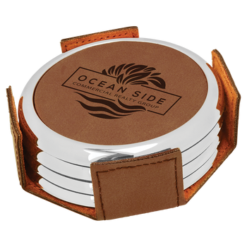 Dark Brown Round Coaster Set (Silver Border) with Custom Laser Engraving Dark Brown Round Coaster Set (Silver Border) with Custom Laser Engraving