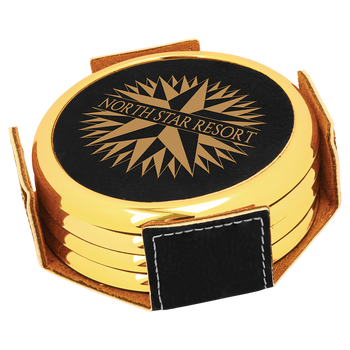 Black Round Coaster Set (Gold Border) with Custom Laser Engraving Black Round Coaster Set (Gold Border) with Custom Laser Engraving