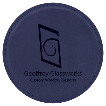 Blue Leatherette Round Coaster with Custom Laser Engraving Blue Leatherette Round Coaster with Custom Laser Engraving