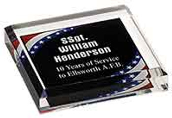 Custom Engraved Stars and Stripes Acrylic Paperweight (3.75" x 3.75") Custom Engraved Stars and Stripes Acrylic Paperweight (3.75" x 3.75")