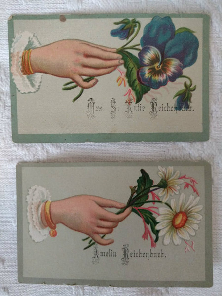 2 Lithograph Calling Cards Hand Flower Victorian Ephemera 1900s 2 Lithograph Calling Cards Hand Flower Victorian Ephemera 1900s
