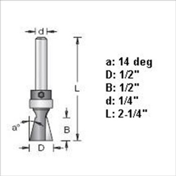 Amana 45850 1/2"D 14 Degree Dovetail Bit W/Guide Bearing 1/4" Shank Amana 45850 1/2"D 14 Degree Dovetail Bit W/Guide Bearing 1/4" Shank