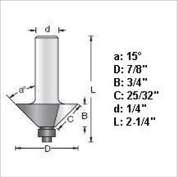 Amana 49408 15 Degree Chamfer Router Bit 1/4" Shank Amana 49408 15 Degree Chamfer Router Bit 1/4" Shank