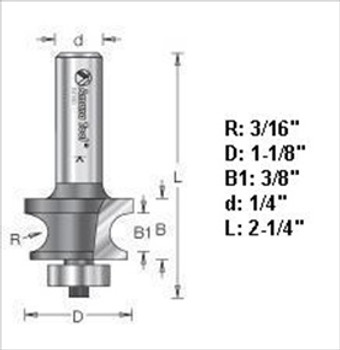 Amana 54164 3/16" Radius Corner Beading Router Bit 1/4" Shank Amana 54164 3/16" Radius Corner Beading Router Bit 1/4" Shank