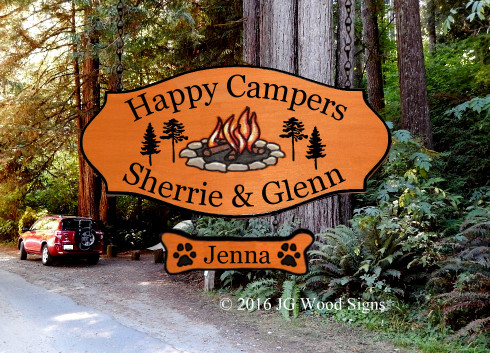 Personalized RV Sign - Colored Campfire Graphic with pine 