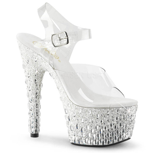 Adore-708MR-5, 7 Inch Stiletto HeelAnkle Strap Sandal with Silver Glitters and Rhinestones Adore-708MR-5, 7 Inch Stiletto HeelAnkle Strap Sandal with Silver Glitters and Rhinestones