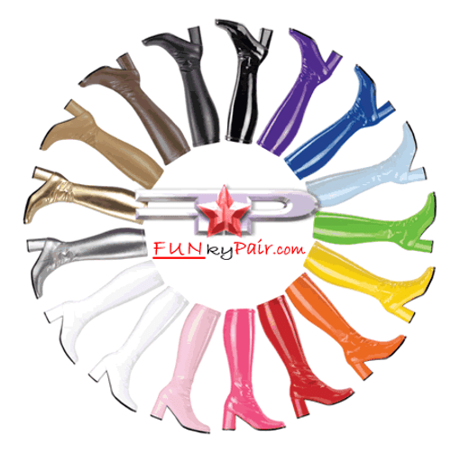 Womens GoGo Boots GoGo-300 is Great for Cheerleader approximately 3" Heels GoGo Boots are available in 13 colors and size range from 5 -16. A classic white go-go Boots never goes out of fashion. You just can't go wrong in a pair of these. GoGo 300 is design to fit tight on your calf. Material is stretchable. Womens GoGo Boots GoGo-300 is Great for Cheerleader approximately 3" Heels GoGo Boots are available in 13 colors and size range from 5 -16. A classic white go-go Boots never goes out of fashion. You just can't go wrong in a pair of these. GoGo 300 is design to fit tight on your calf. Material is stretchable.