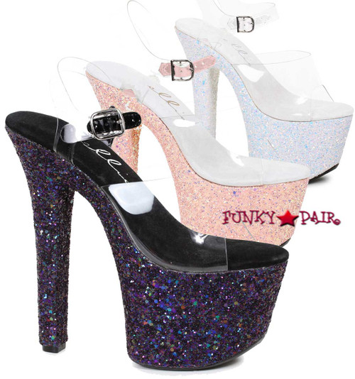 711-Serenity, 7 Inch High Heel Ankle Strap with Glitter Platform 711-Serenity, 7 Inch High Heel Ankle Strap with Glitter Platform
