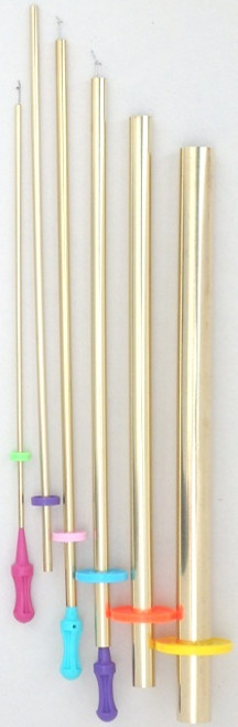 F-1 Set
proudly made in the US by us!
6 Brass Tubes with 3 Pull Wires
#6 Brass Tube 3/4" dia. Finished tube width 1 1/8"; uses largest pull wire with purple handle.
#5 Brass Tube 1/2" dia. Finished tube width 13/16"; uses largest pull wire with purple handle.
#4 Brass Tube 3/8" dia. Finished tube width 1/2"; uses largest (purple) and middle size pull wire with teal or blue handle.
#3 Brass Tube 1/4" dia. Finished tube width 3/8"; uses middle size pull wire with teal or blue handle.
#2 Brass Tube 3/16" dia. Finished tube width 5/16"; uses middle size pull wire with teal or blue handle.
#1 Brass Tube 1/8" dia. Finished tube width 3/16"; uses smallest pull wire with pink handle. F-1 Set
proudly made in the US by us!
6 Brass Tubes with 3 Pull Wires
#6 Brass Tube 3/4" dia. Finished tube width 1 1/8"; uses largest pull wire with purple handle.
#5 Brass Tube 1/2" dia. Finished tube width 13/16"; uses largest pull wire with purple handle.
#4 Brass Tube 3/8" dia. Finished tube width 1/2"; uses largest (purple) and middle size pull wire with teal or blue handle.
#3 Brass Tube 1/4" dia. Finished tube width 3/8"; uses middle size pull wire with teal or blue handle.
#2 Brass Tube 3/16" dia. Finished tube width 5/16"; uses middle size pull wire with teal or blue handle.
#1 Brass Tube 1/8" dia. Finished tube width 3/16"; uses smallest pull wire with pink handle.