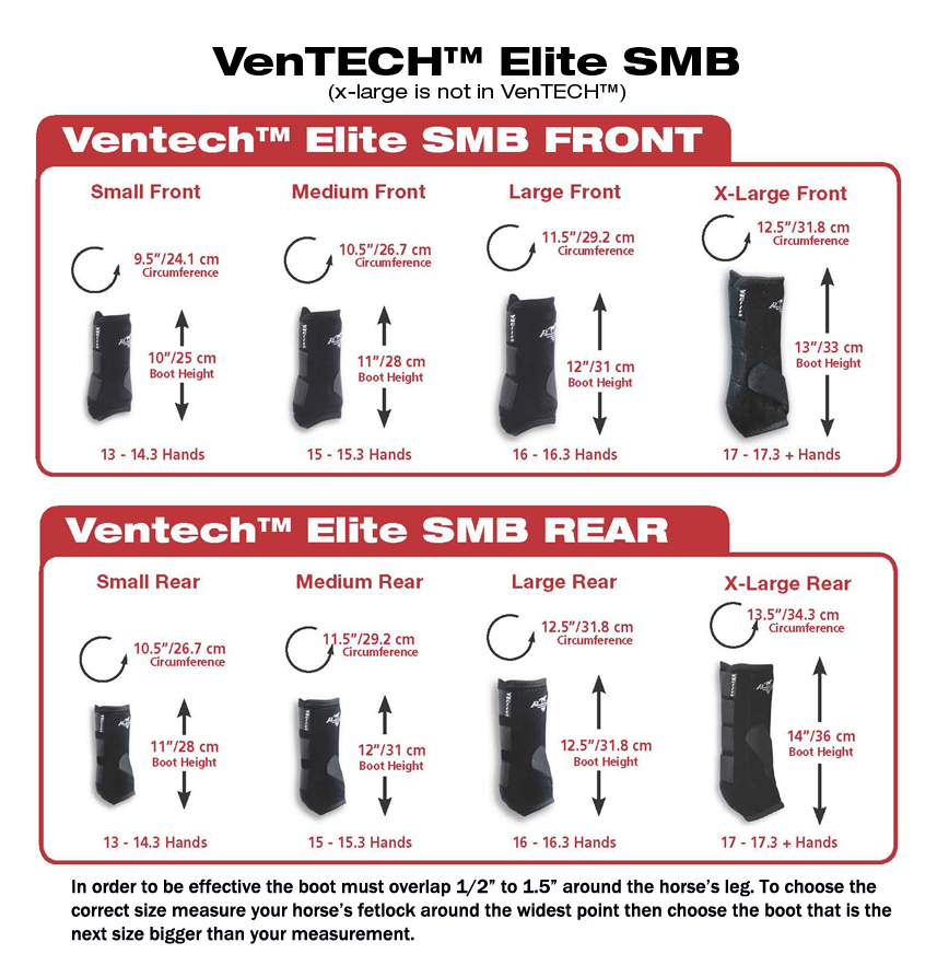 The Professional's Choice Ventech Elite Boot Sizing Chart allows you to determine which size boot your horse needs.  You should focus your measurement on the circumference around the fetlock as that is a critical measurement to ensure a good fit.