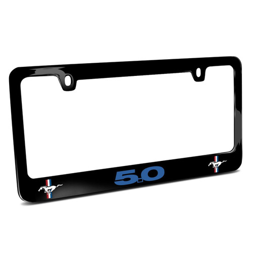 Ford Mustang GT 5.0 in Blue Dual Logos Black Metal License Plate Frame Made in USA Ford Mustang GT 5.0 in Blue Dual Logos Black Metal License Plate Frame Made in USA
