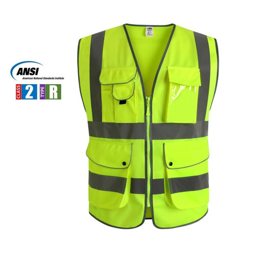 9 Pockets Class 2 High Visibility Zipper Front Safety Vest With Reflective Strips, Yellow Meets ANSI/ISEA Standards, Sold by each-1 Piece 9 Pockets Class 2 High Visibility Zipper Front Safety Vest With Reflective Strips, Yellow Meets ANSI/ISEA Standards, Sold by each-1 Piece