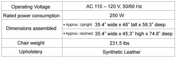 Osaki Pro Dreamer Massage Chair Technical Specifications Card.