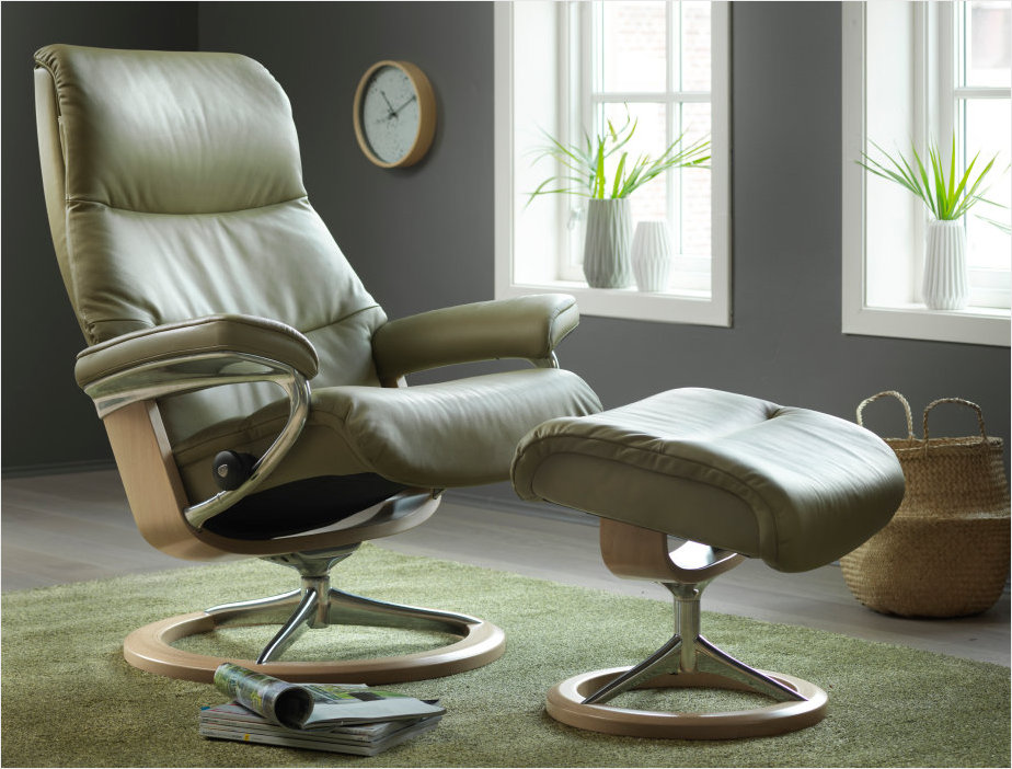 Stressless Signature Series View Recliner available at Unwind- Choose Olive Paloma Leather.