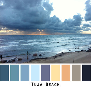 Tuja Beach - blue teal sky indigo gold peach tan black sunset glow Baltic sea, sand and dark blue storm clouds, colors for blue green brown eyes, blonde hair, brunette, redhead, black hair - photo by Inese Iris Liepina, Wrapture by Inese