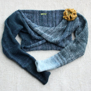 blue jean bolero shrug Wrapture by Inese Iris Liepina, indigo pale blue dark blue gold with detachable crochet flower pin kid mohair silk cotton knitted unique one of a kind