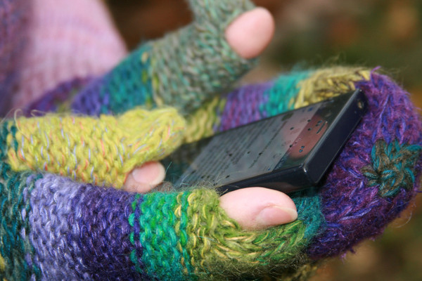 Heather purple green striped Hand Knit Smart Phone Mittens for women with finger and thumbholes prewashed wool, kid mohair, cotton silk blend. Wrapture by Inese for left handed or right handed