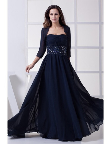Chiffon Long Dark Navy Blue Beaded Mother of Bride Dress with Jacket