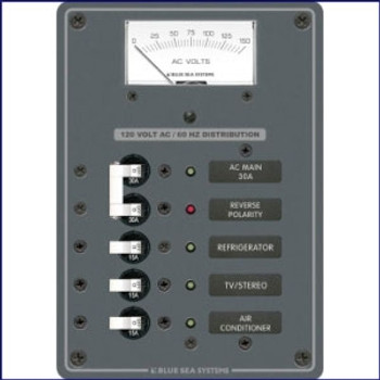 Blue Sea Systems 8043 120V AC Main + 3 Position Circuit Breaker panel w/Meter Blue Sea Systems 8043 120V AC Main + 3 Position Circuit Breaker panel w/Meter