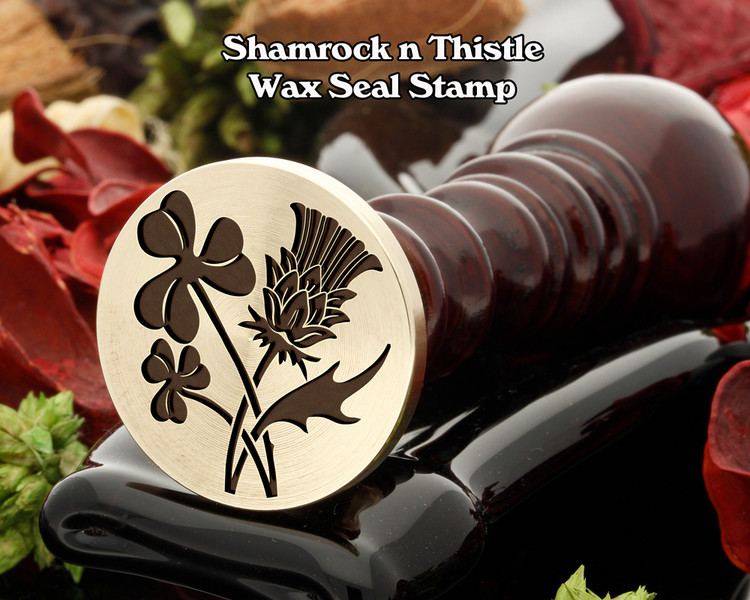 Shamrock and Thistle Wax Seal Stamp, shamrock on left in sealing wax