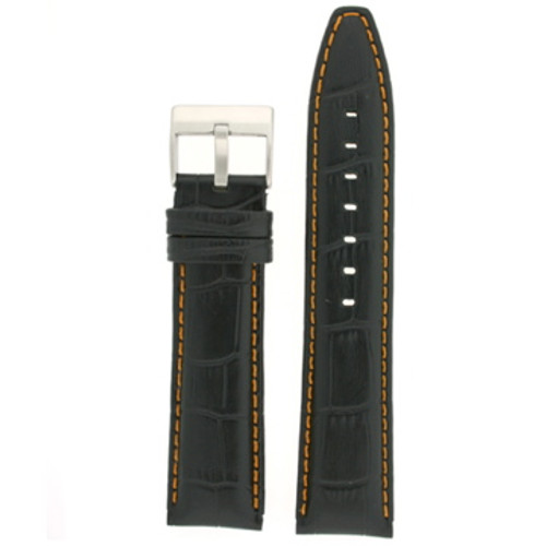 Black Leather Watch Band with Crocodile Grain with Orange Stitching - Top View