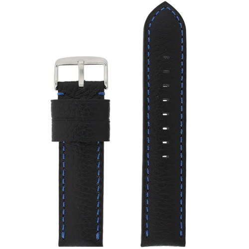 Long Black Leather Watch band with Blue Topstitching - Top View