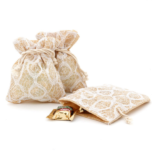 Burlap Beige Lace White Party Favor Gift Bags - 20 Pieces