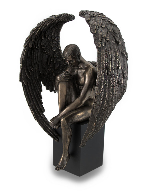 Bronze Finished Pensive Male Angel Statue On Black Base