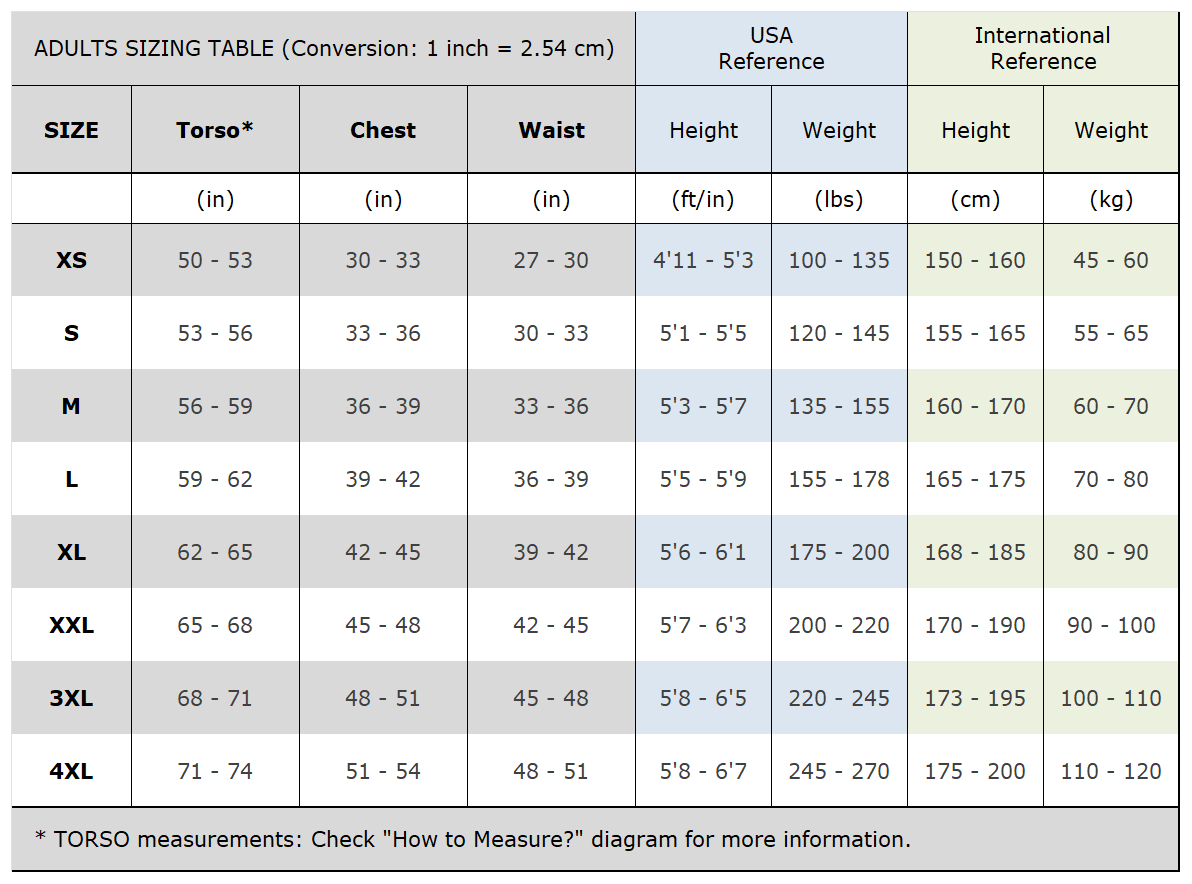 men sizing table