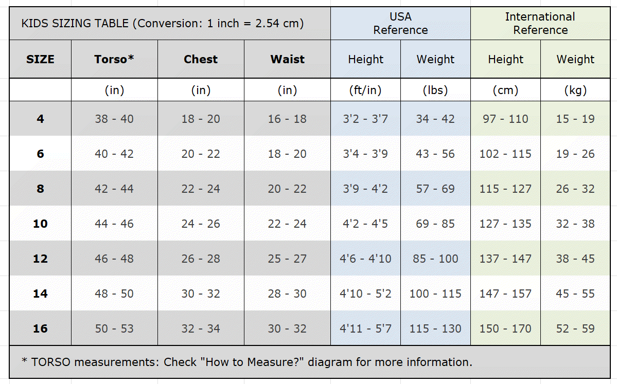 kids sizing table