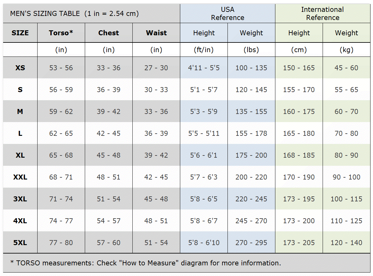 men sizing table