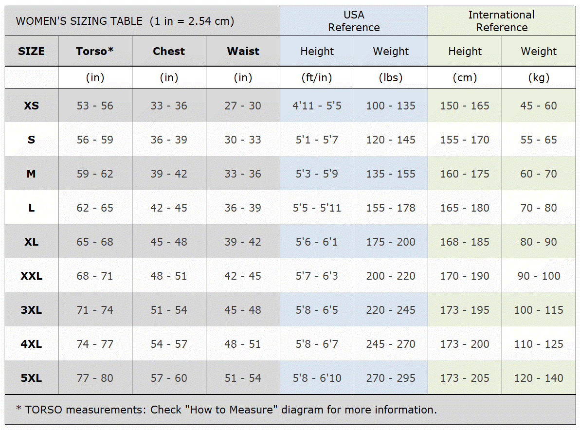 women sizing table