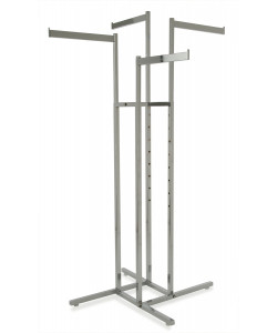 4 Way Clothing Display Rack with 4 Straight Flag Arms | Chrome 4 Way Clothing Display Rack with 4 Straight Flag Arms | Chrome