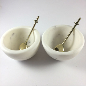 Marble Basics - Salt and Pepper Vessels (set of two) Colour: Blanc shown with 2 spoons Marble Basics - Salt and Pepper Vessels (set of two) Colour: Blanc shown with 2 spoons