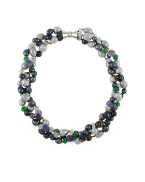 Andora - Pearl Necklace Accented with Stones, Triple strand, silver and black colored round freshwater pearls 7-9mm, rice pearls 9-11mm, jade beads, amethyst beads, gold glass accent beads, hand-knotted on dark gray silk with rare earth mixed metal magnetic clasp